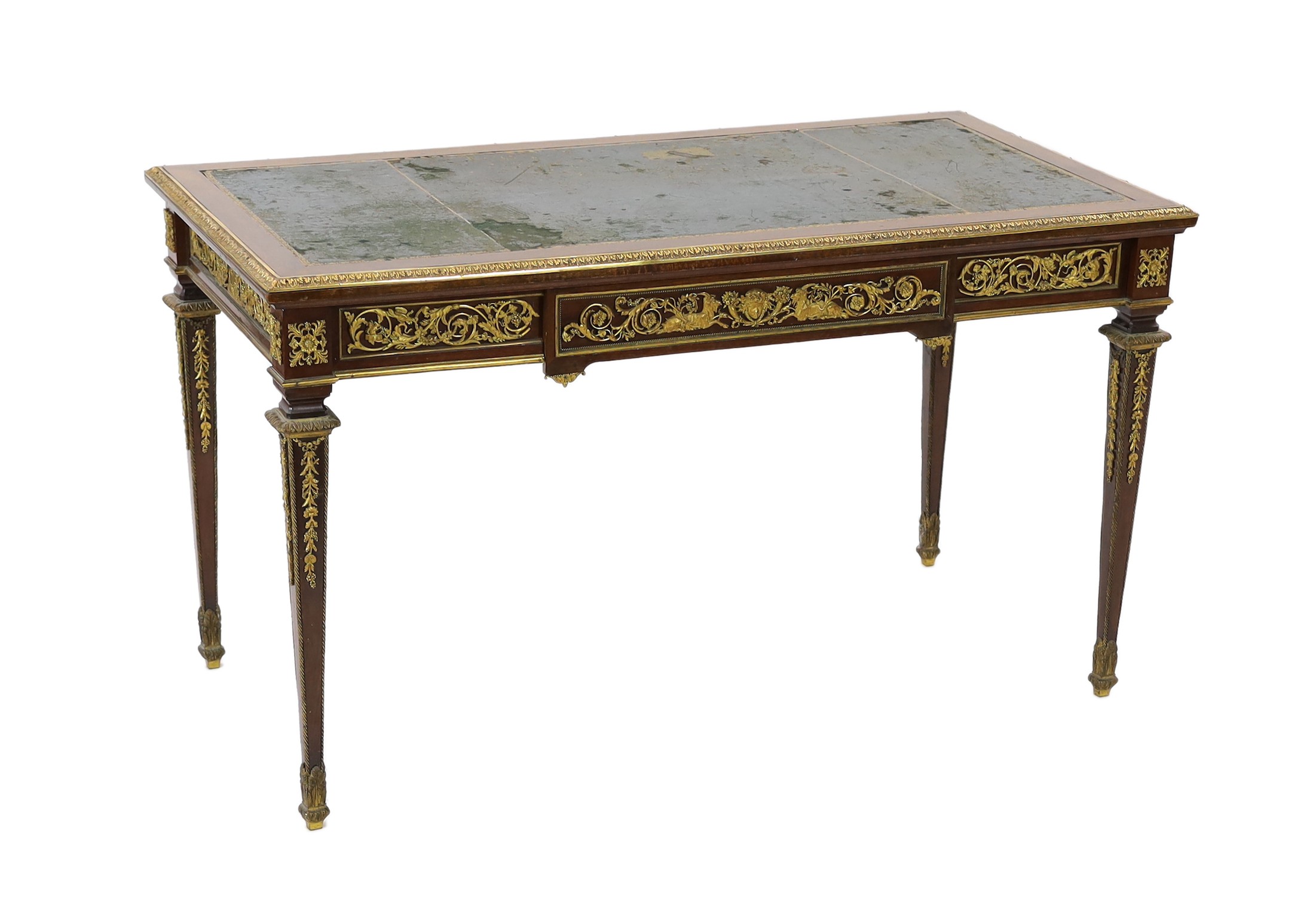 Francois Linke. A Louis XVI style gilt bronze mounted mahogany bureau plat, width 129cm depth 66cm height 74cm